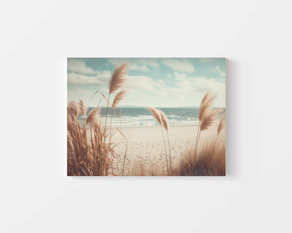 Golden Pampas Grass on Sandy Beach Overlooking Ocean Waves Poster - Image 4