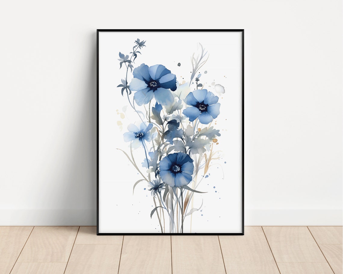 Blue Wildflowers Watercolor Bouquet Delicate Botanical Art Poster - Image 3