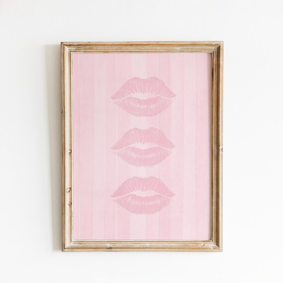 Triple Pink Lipstick Kiss Marks Vertical Striped Glamour Coquette Print