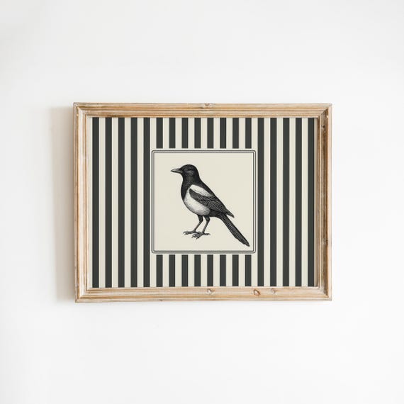 Magpie Bird Vintage Print Striped Gothic Wall Art Poster