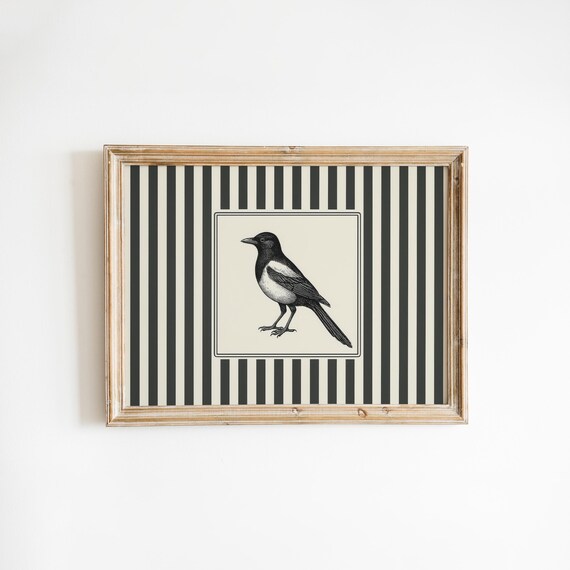 Magpie Bird Vintage Striped Gothic Black And White Striped Poster