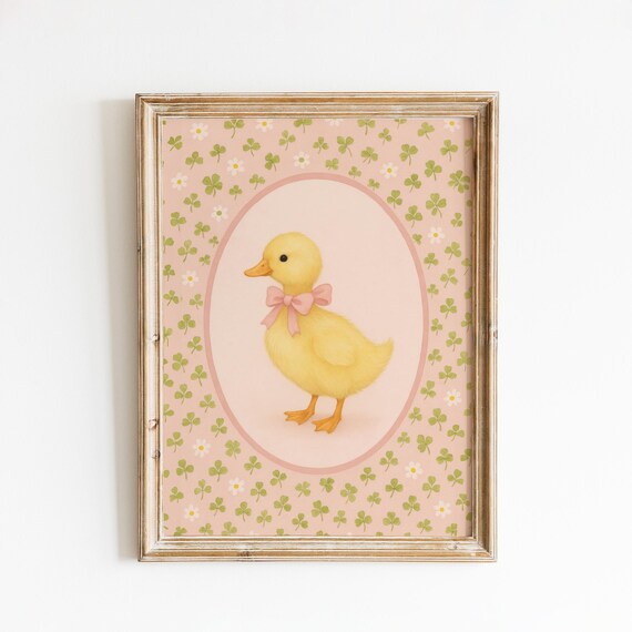 Cute Duckling With Pink Bow Floral Clover Spring Nursery Poster