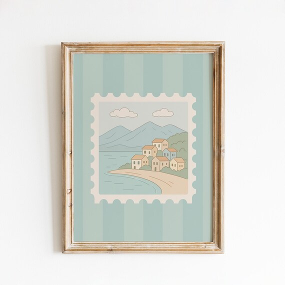 Mountain Lakeside Village Beach Hill Pastel Stamp Scenic Poster