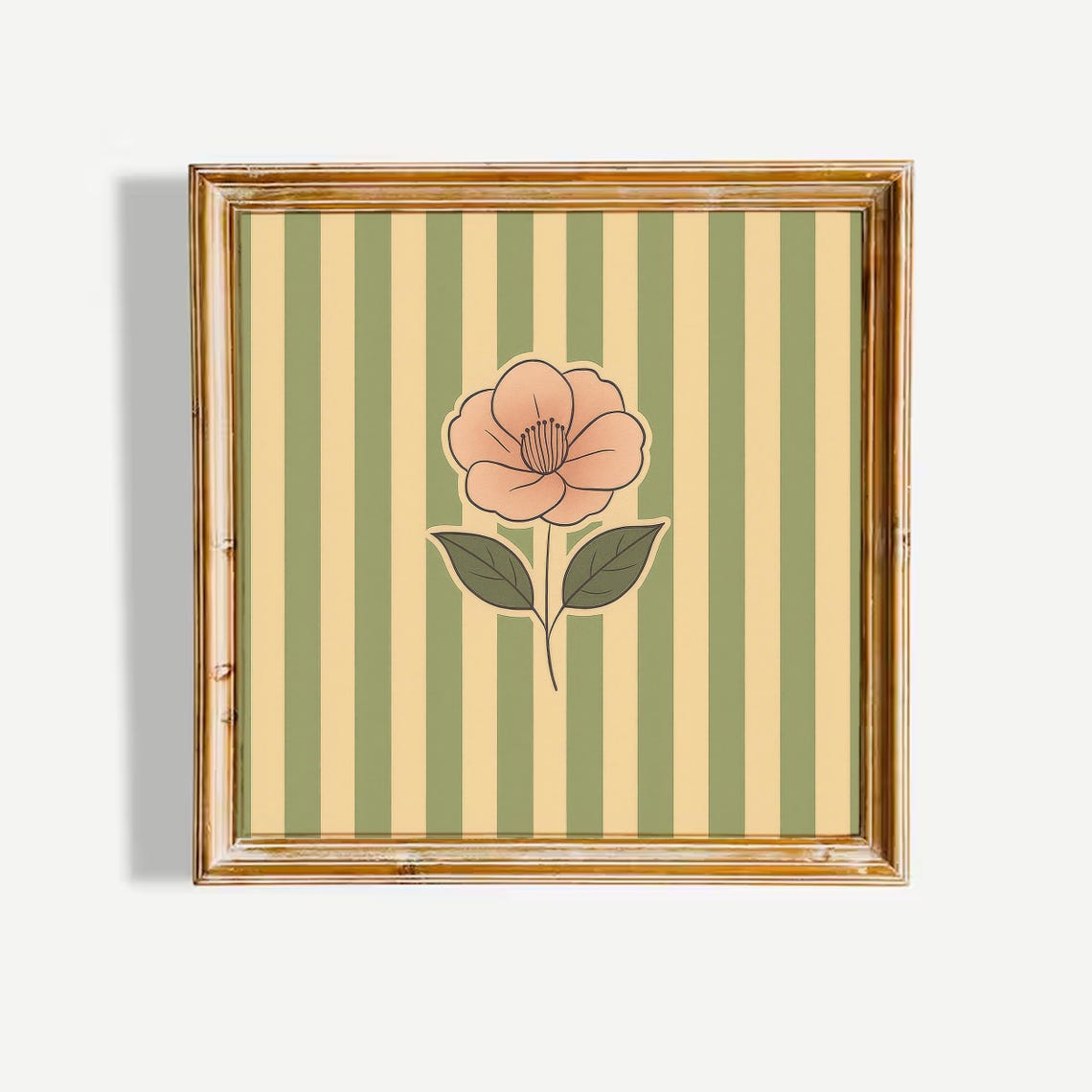 Peach Blossom Minimal Floral Illustration Green Striped Poster