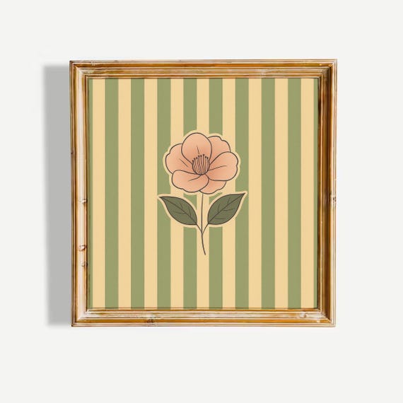 Peach Blossom Poster Minimal Floral Illustration With Green Stripes