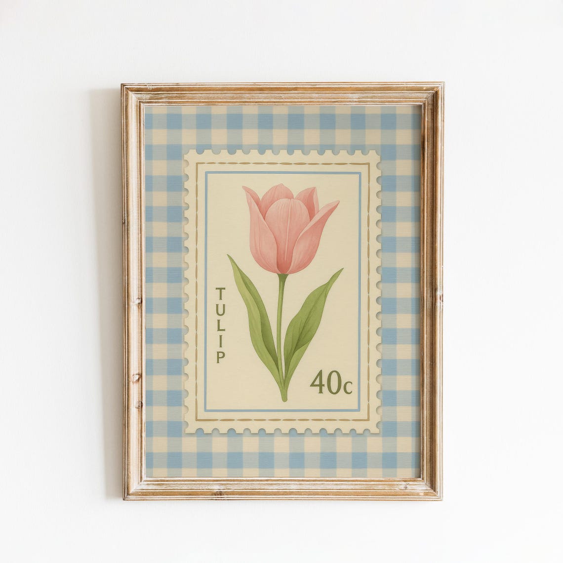 Vintage Tulip Stamp Poster Pink Botanical Blue Gingham Background