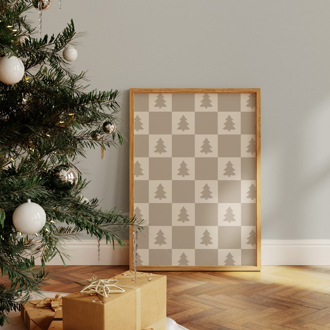 Neutral Checkered Christmas Trees Beige Farmhouse Holiday Art Print - Image 3