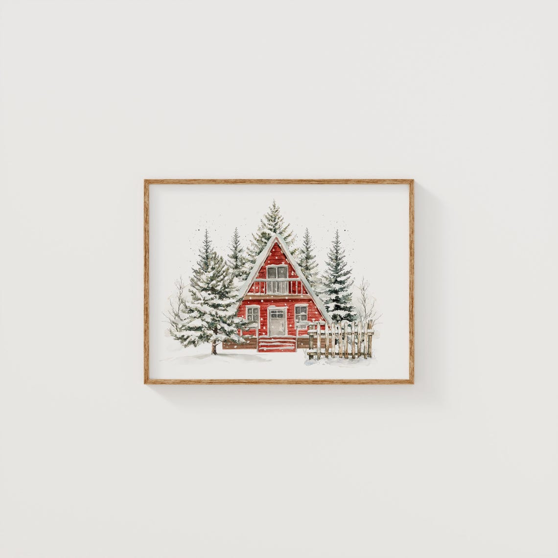 Red A Frame Cabin Watercolor Snowy Pine Forest Winter Poster - Image 2