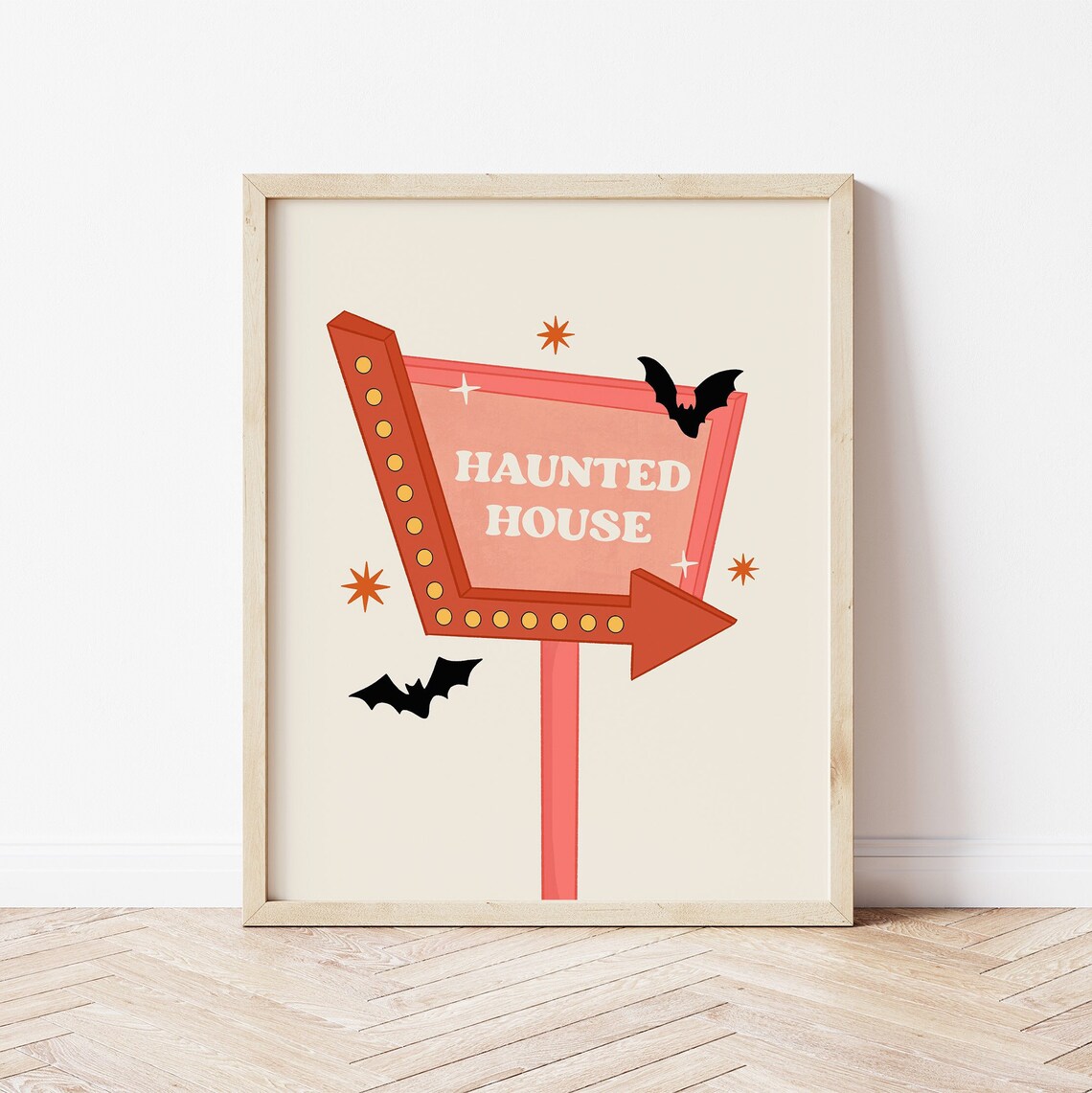 Haunted House Retro Marquee Arrow Sign Bats Spooky Halloween Decor Poster