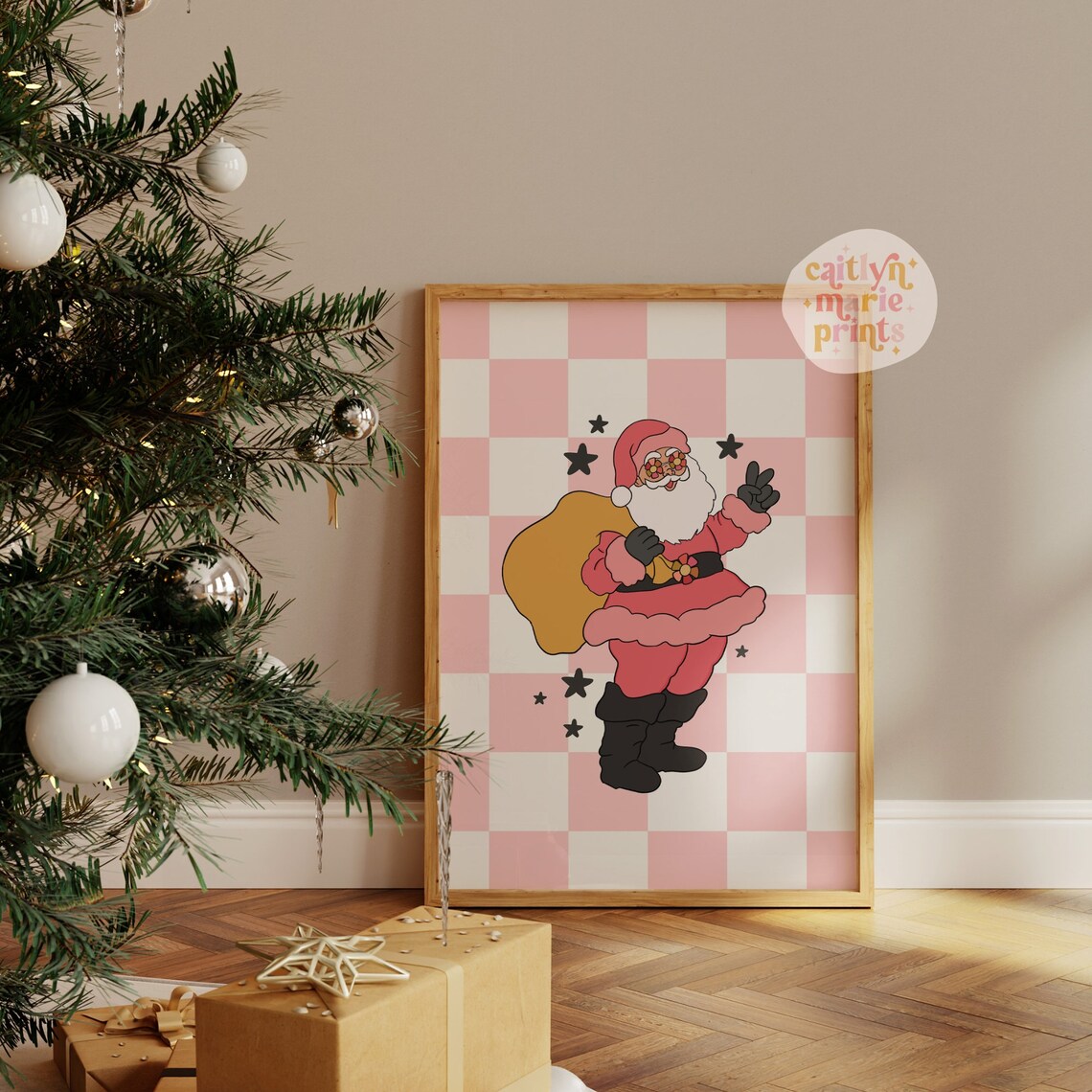 Retro Santa with Flower Sunglasses Pink Checkered Christmas Poster - Image 3