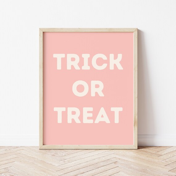 Trick Or Treat Cream Block Letters Pink Background Halloween Word Poster