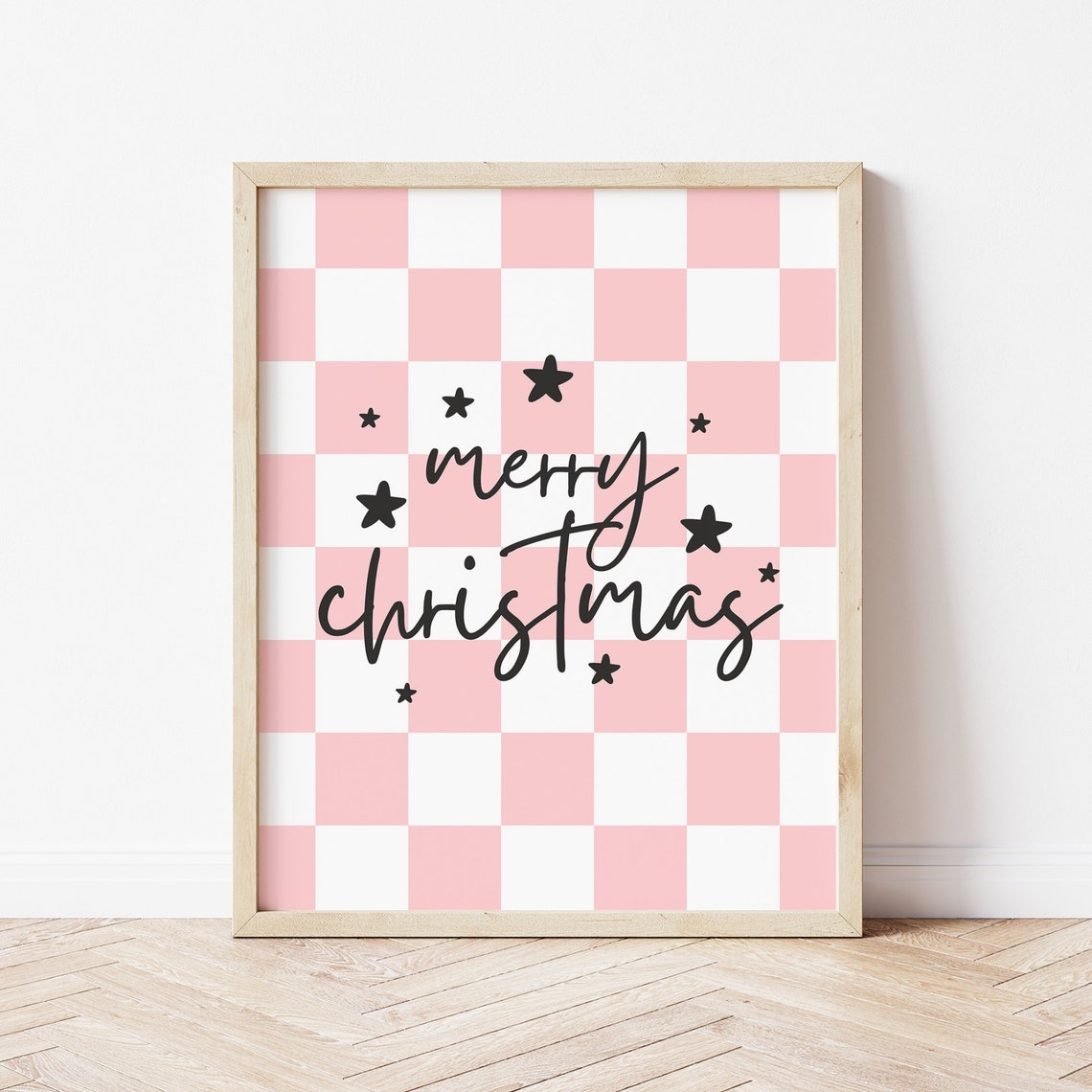 Merry Christmas Script Pink Checkered Holiday Typography Poster