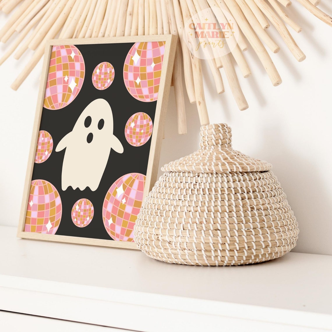 Cute Ghost Surrounded by Pink Disco Balls on Black Art Print - Image 3