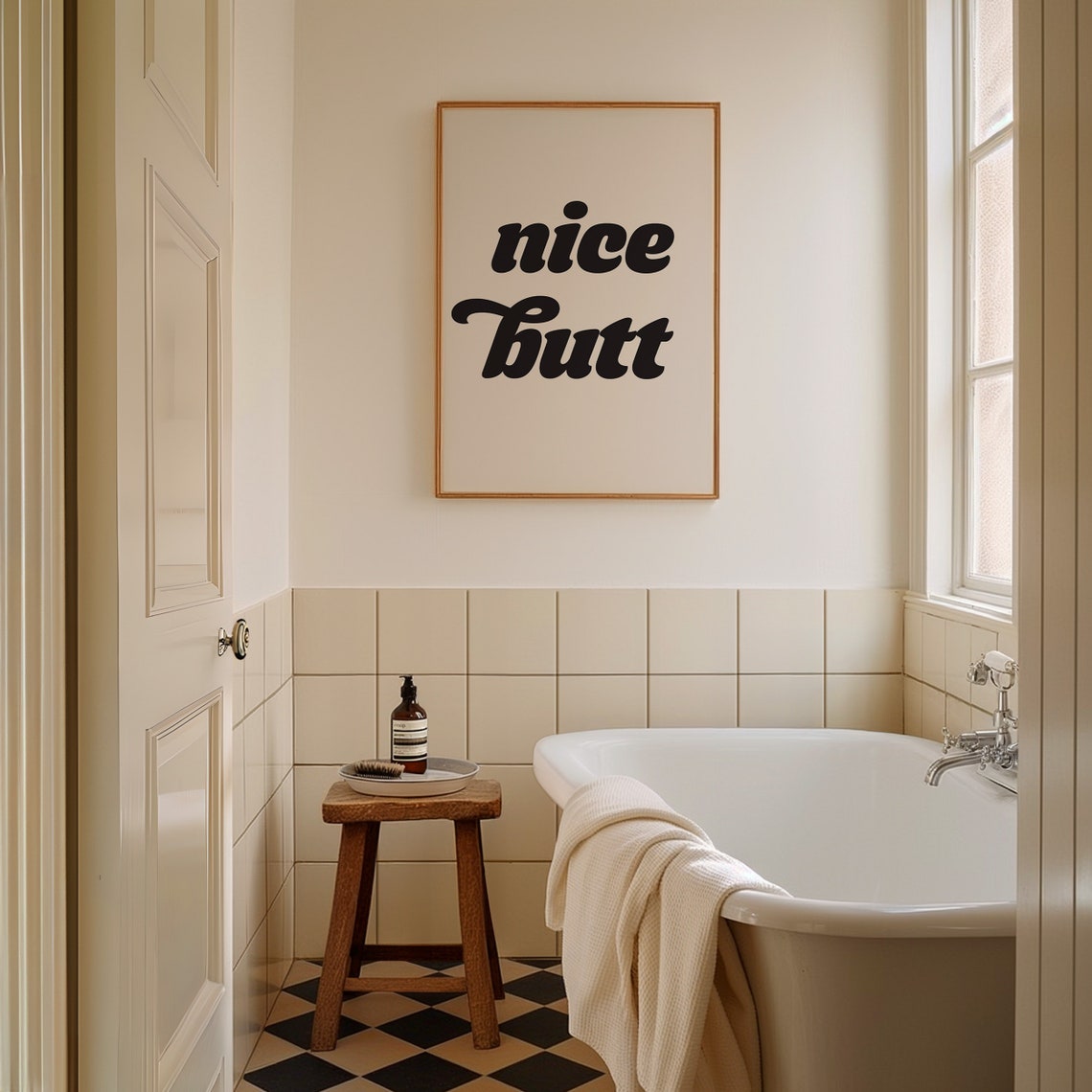 Nice Butt Retro Black Script Cheeky Funny Bathroom Quote Poster - Image 2