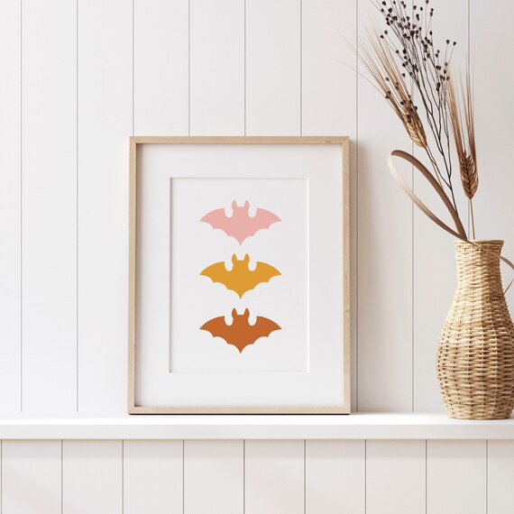 Three Ombre Bats in Pink Gold and Rust Minimal Halloween Poster