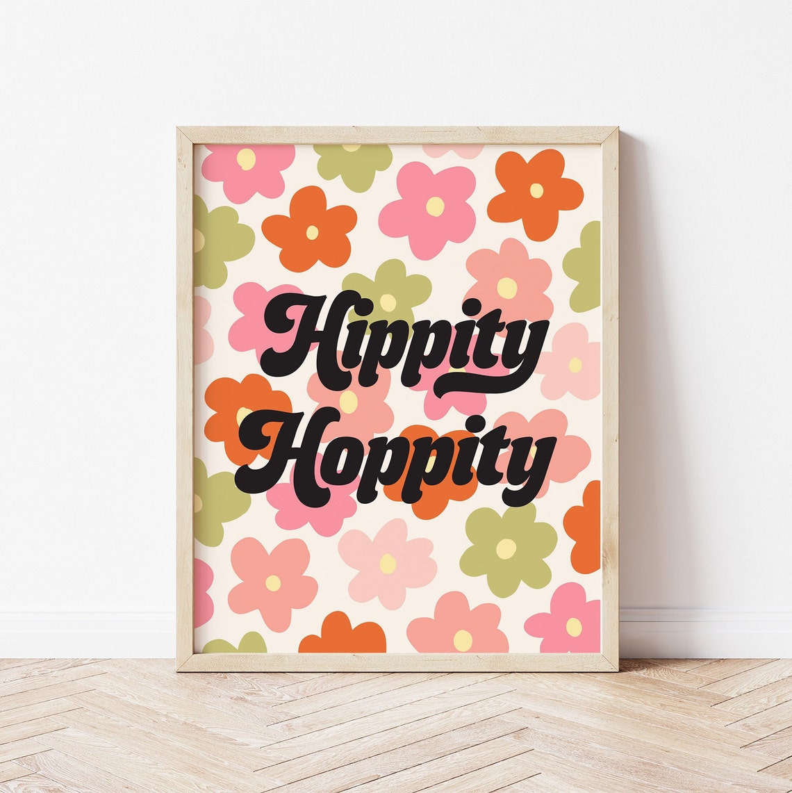 Hippity Hoppity Retro Groovy Floral Spring Easter Quote Poster