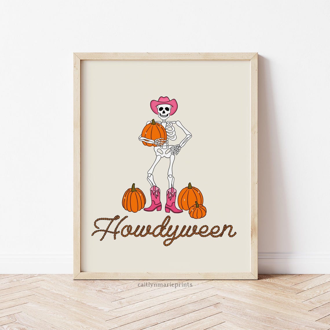 Howdyween Cowboy Skeleton with Pink Boots and Pumpkins Poster