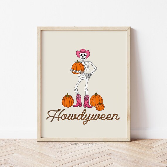 Howdyween Cowboy Skeleton with Pink Boots and Pumpkins Poster