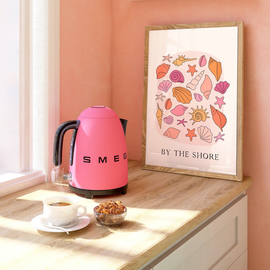 By The Shore Seashells Starfish Collage Pink Beach Memory Wall Poster - Image 3