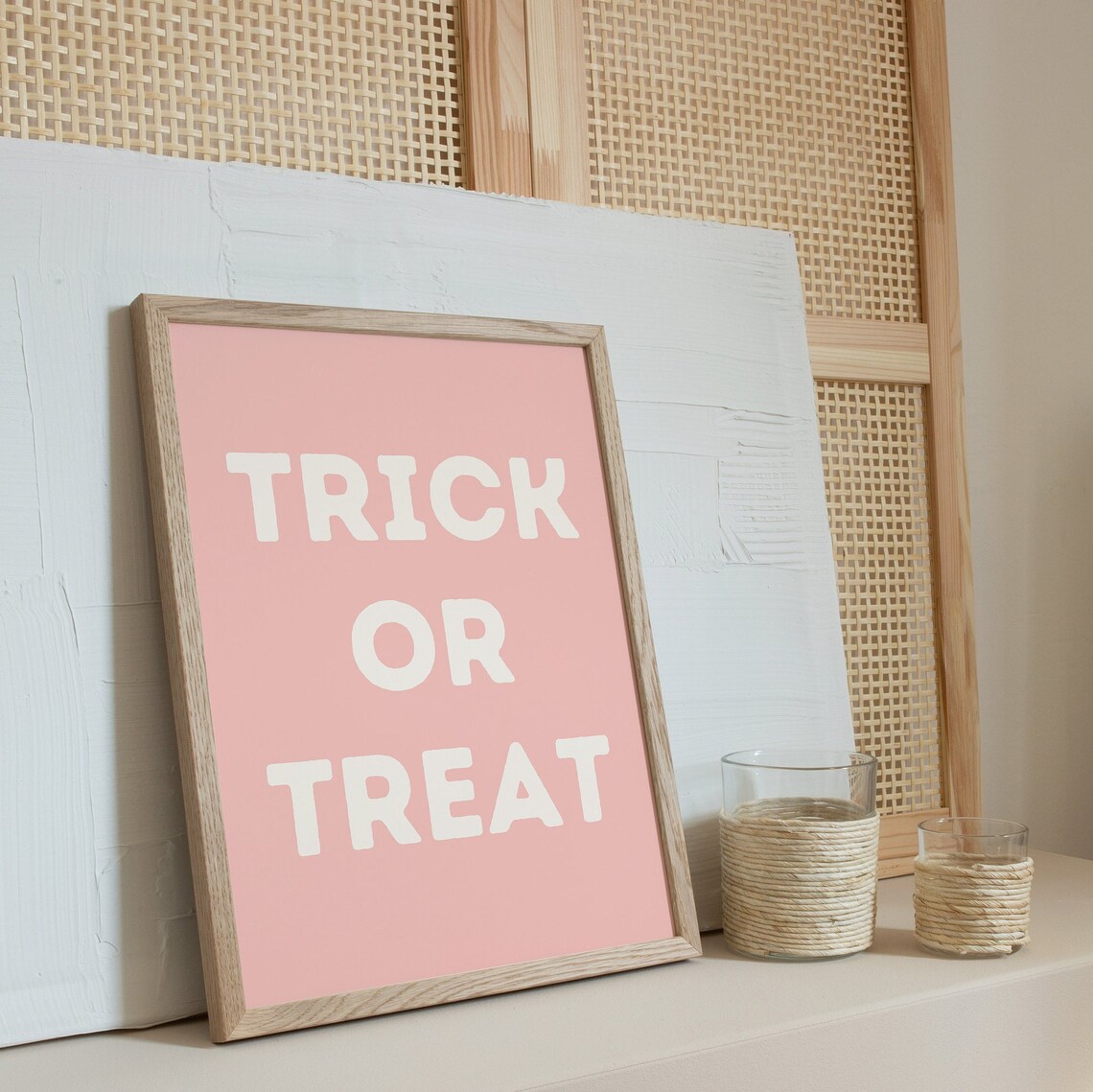 Trick Or Treat Cream Block Letters Pink Background Halloween Word Poster - Image 3