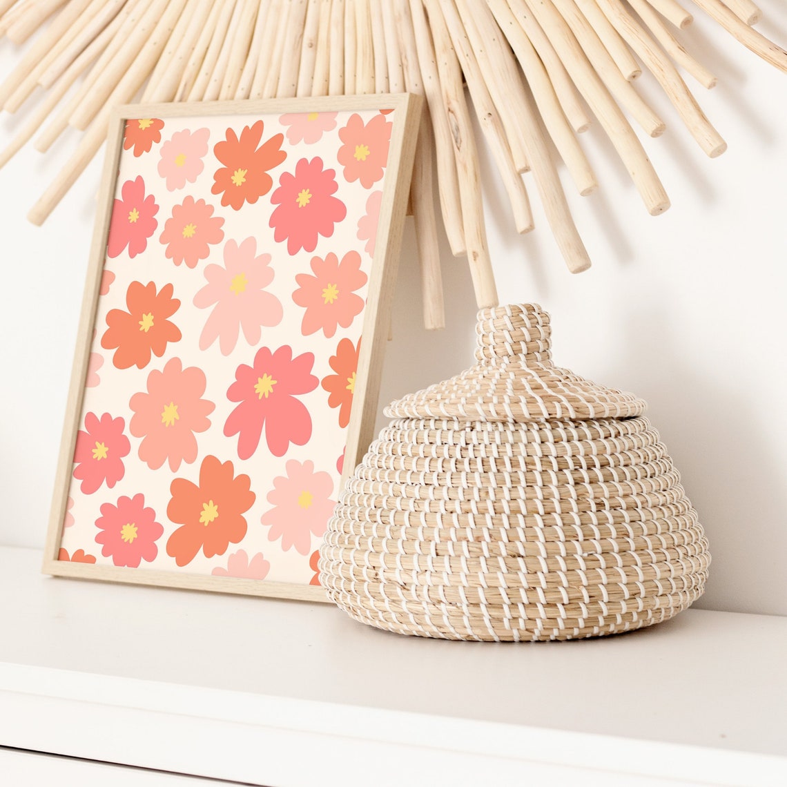 Retro Groovy Flower Pattern Coral Pink 70s Floral Bloom Wall Art - Image 3