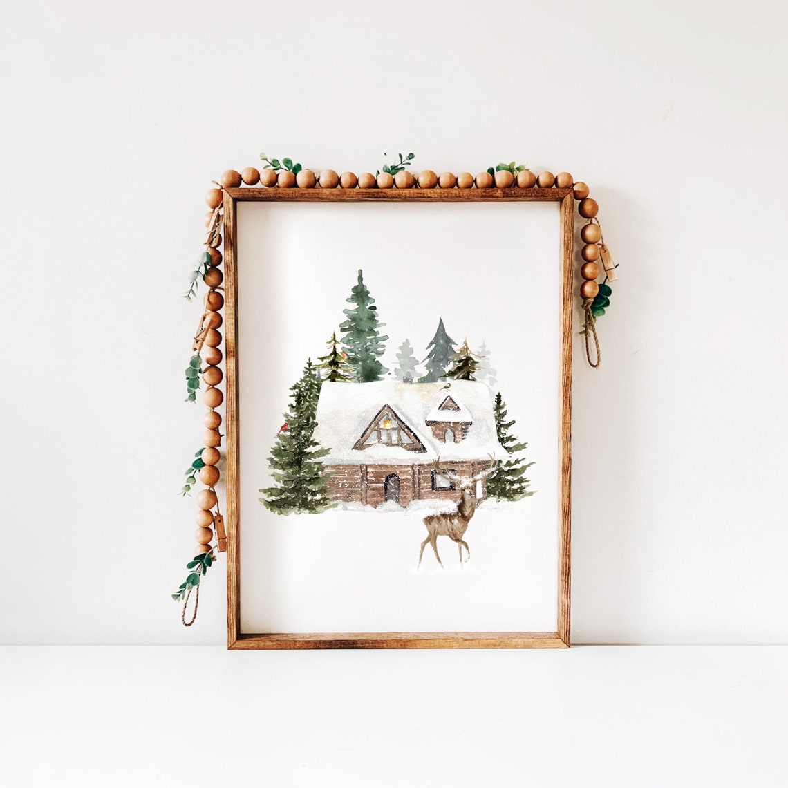 Snowy Log Cabin with Deer Winter Forest Watercolor Christmas Poster - Image 3