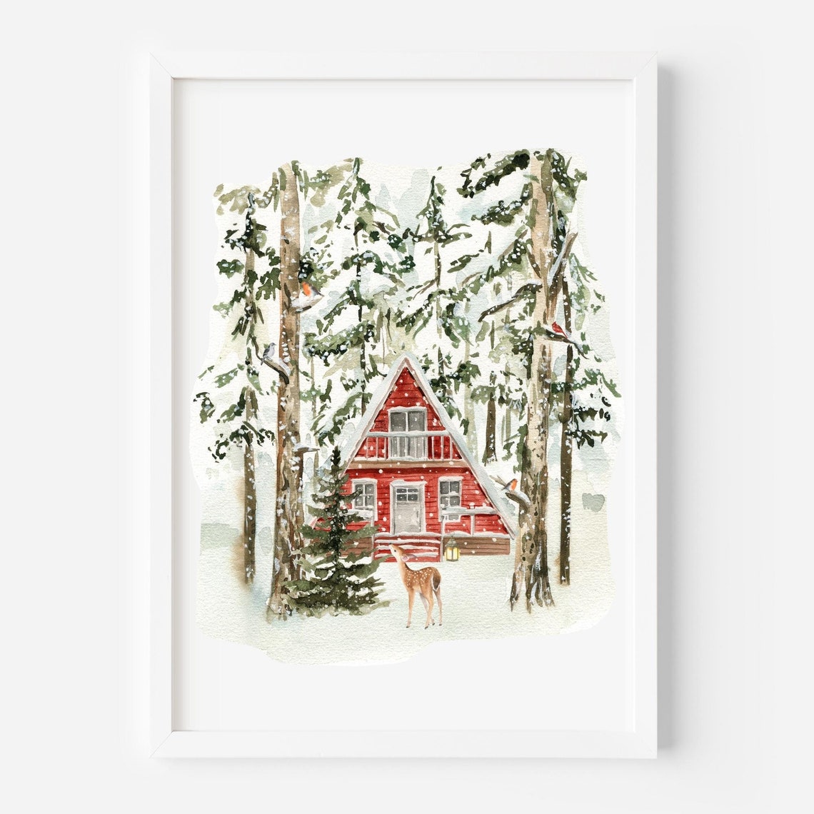 Winter Forest Red A Frame Cabin Snowy Deer Watercolor Art Poster