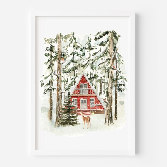 Winter Forest Red A Frame Cabin Snowy Deer Watercolor Art Poster