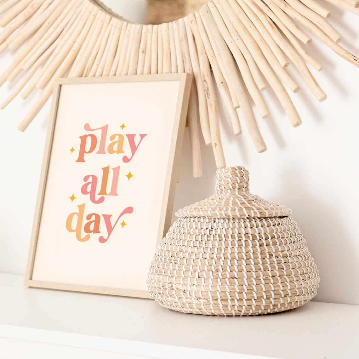 Play All Day Pink Orange Retro Script Playroom Quote Wall Art - Image 2