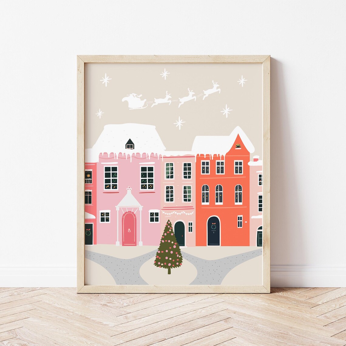 Pink Christmas Townhouses Santa Sleigh Snowy Village Night Poster - Image 3