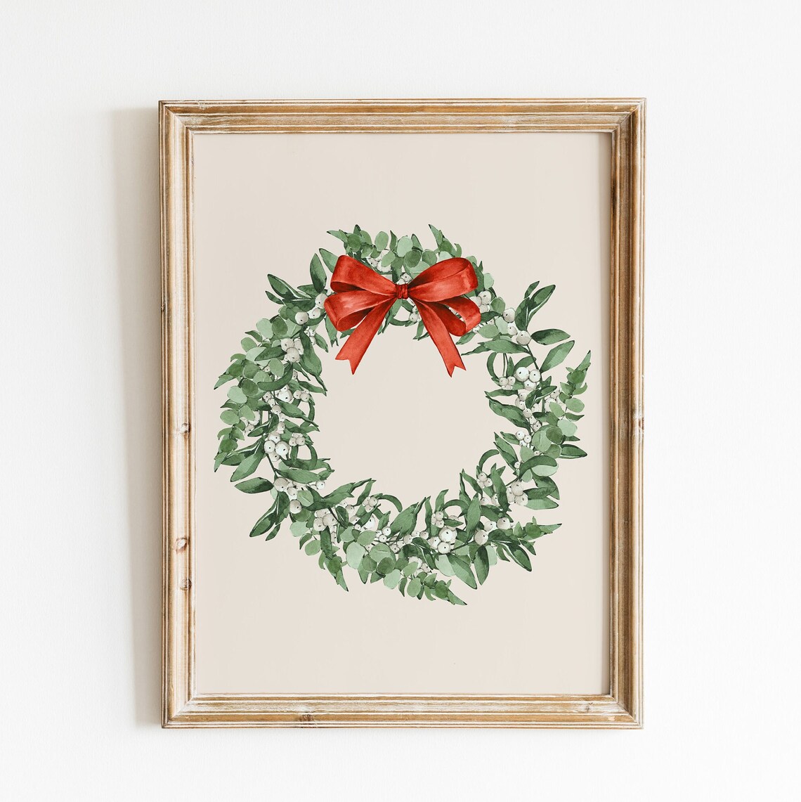 Christmas Wreath Watercolor Farmhouse Holiday Poster With Red Bow