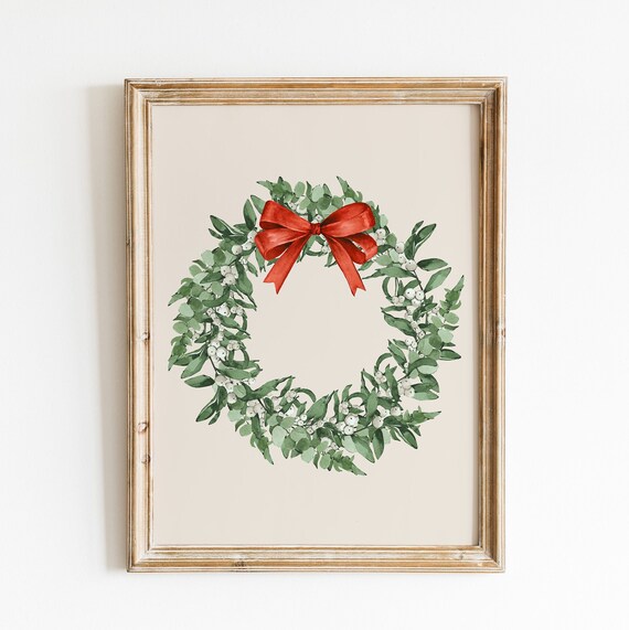 Christmas Wreath Watercolor Farmhouse Holiday Poster With Red Bow
