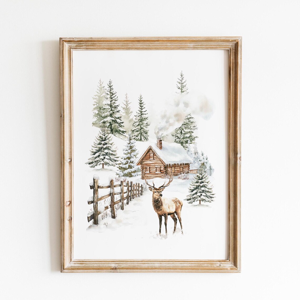 Snowy Cabin with Deer and Wooden Fence Watercolor Winter Poster