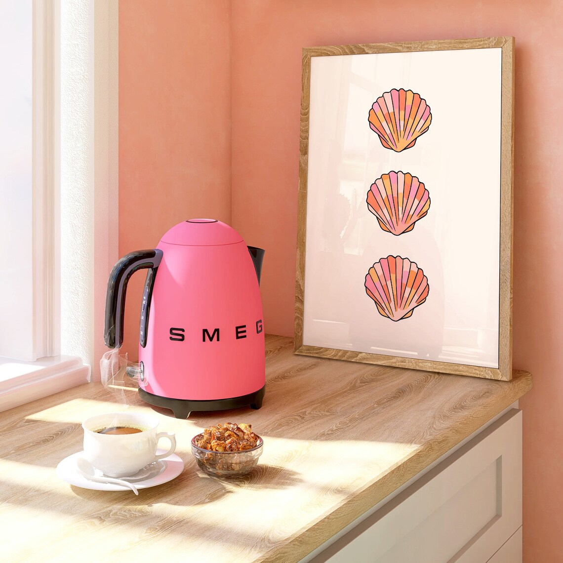 Three Pink Scallop Shells Stacked Minimalist Coastal Beach Decor Poster - Image 3