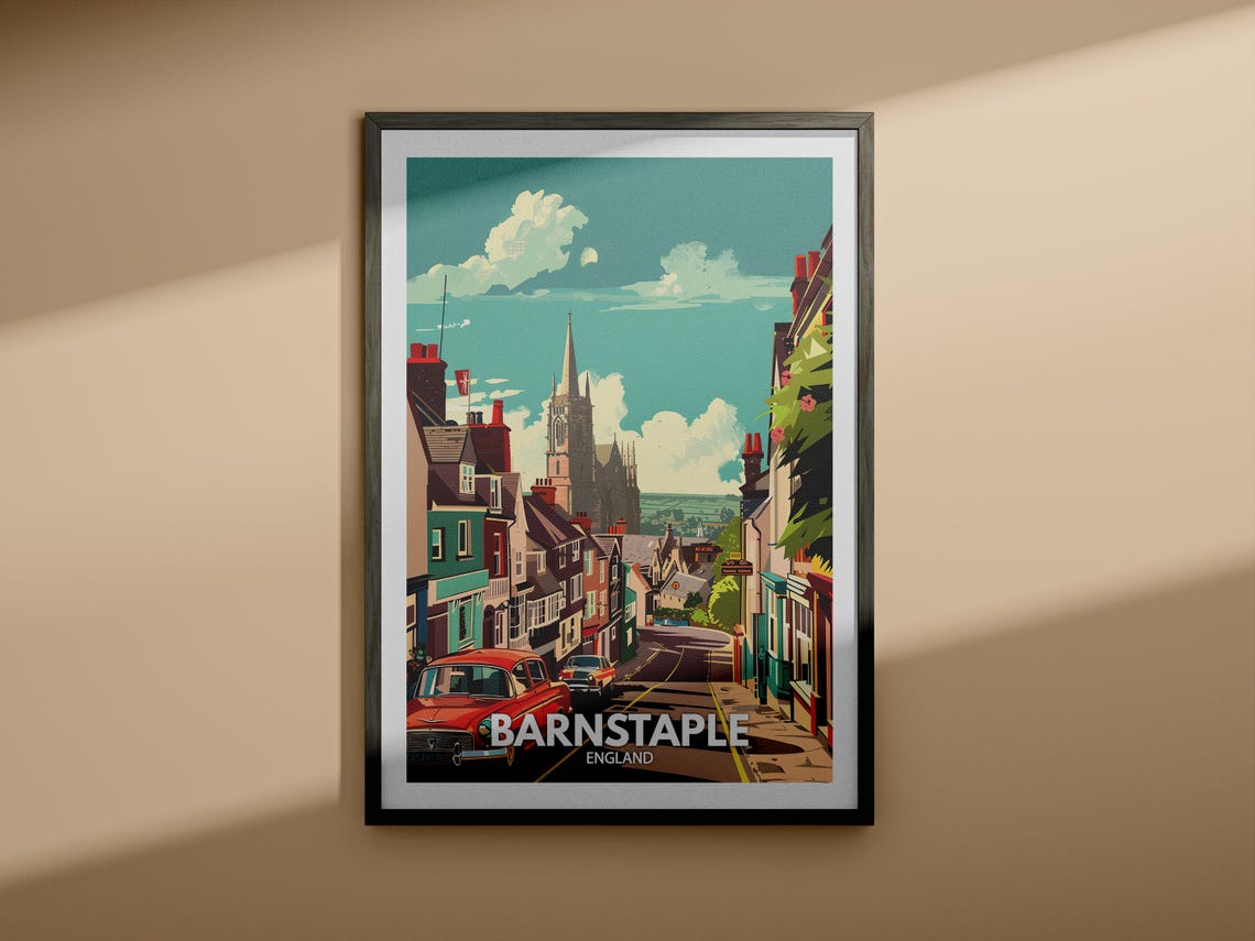 Barnstaple England Historic Street Church Classic Cars Poster - Image 4