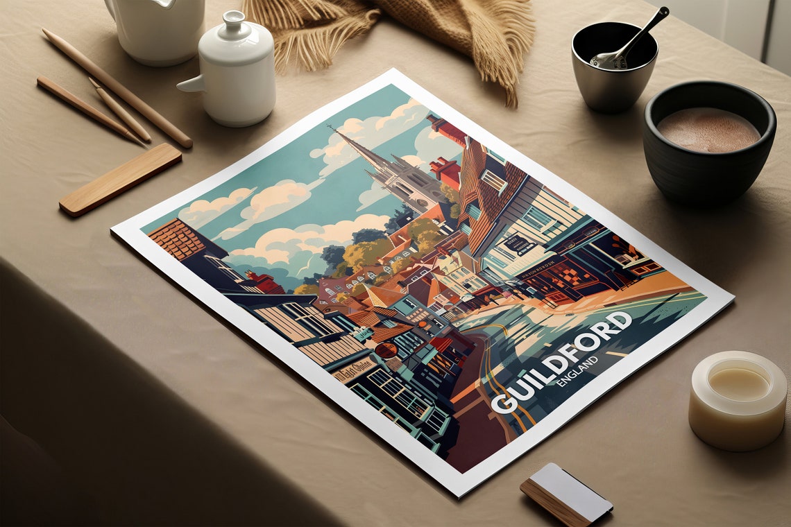 Guildford England Historic High Street Church Vintage Travel Poster - Image 2