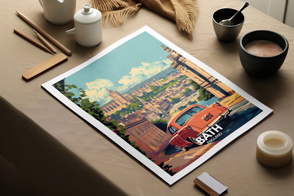 Bath England Red Vintage Car Street View Retro Travel Poster - Image 2