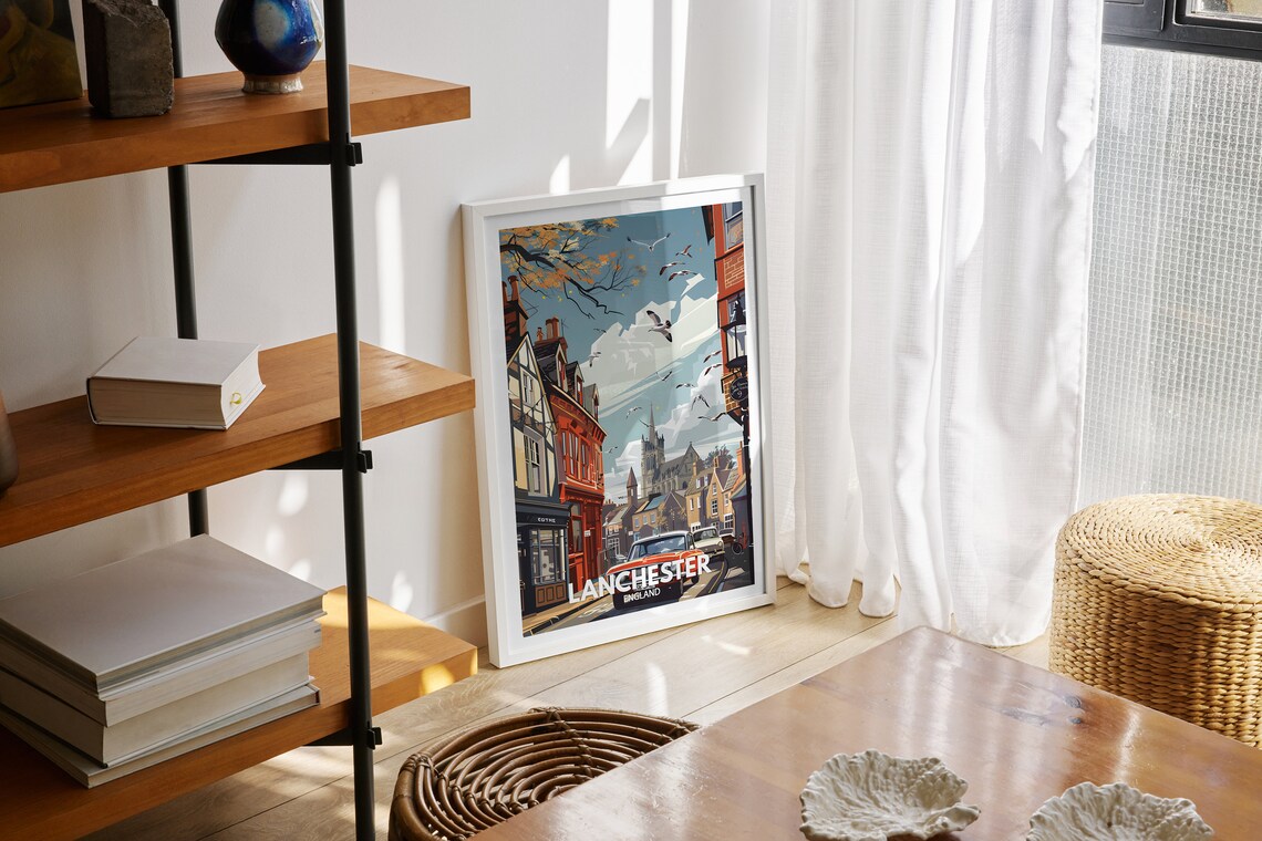 Lanchester England Seagull Sky Old Town Church Tower Travel Poster - Image 2