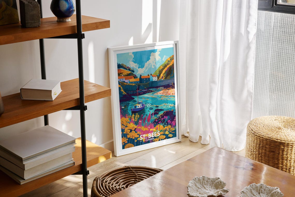 St. Bees Cumbria Harbor Fishing Boat Wildflower Cove Travel Poster - Image 2