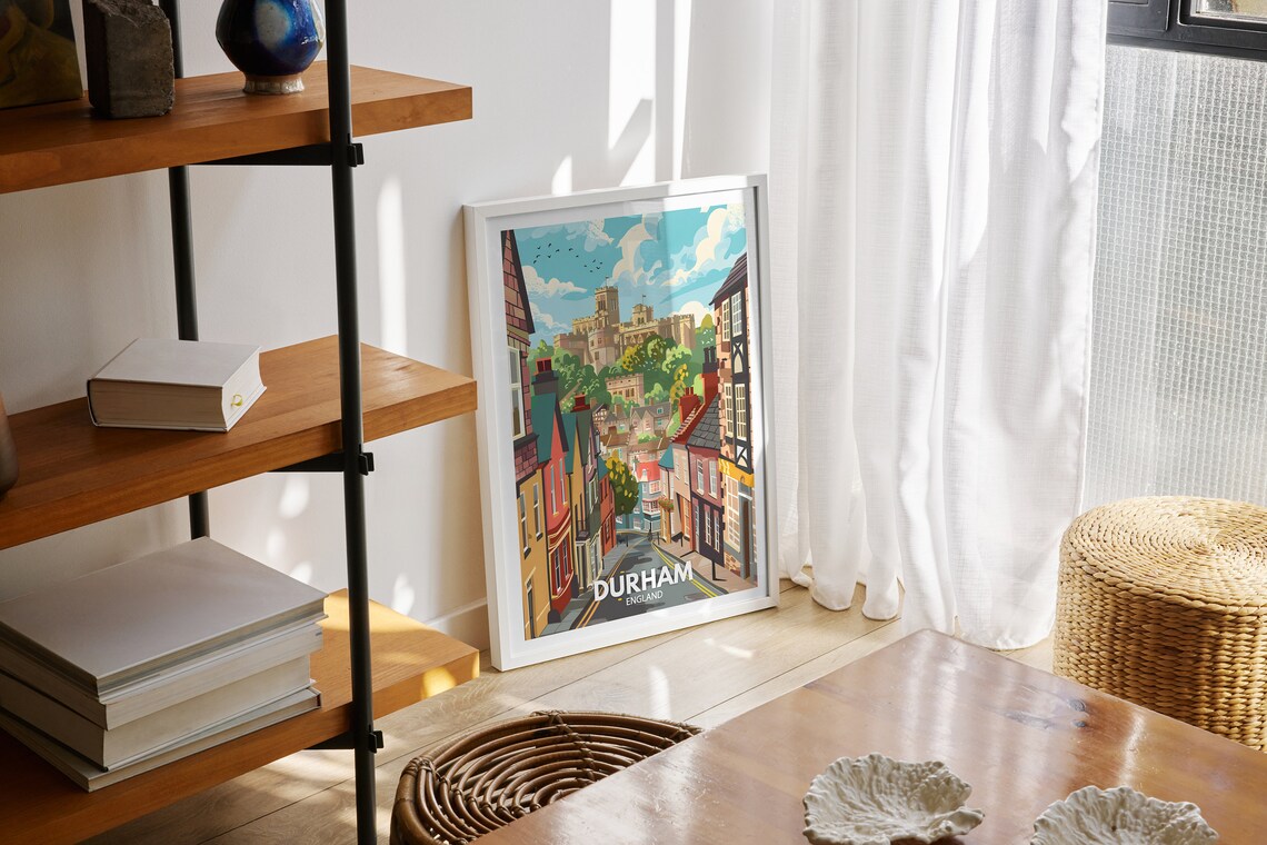 Durham England Travel Poster Castle Hill Historic Street Scene - Image 2