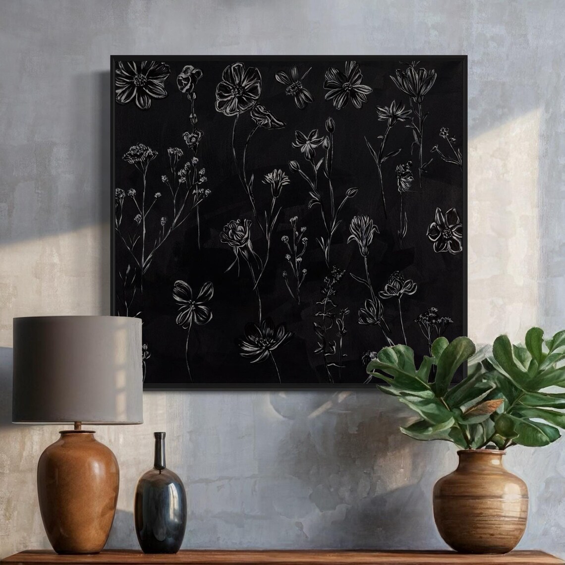 Midnight Garden Floral Sketch Poster White Botanical Line Art - Image 3