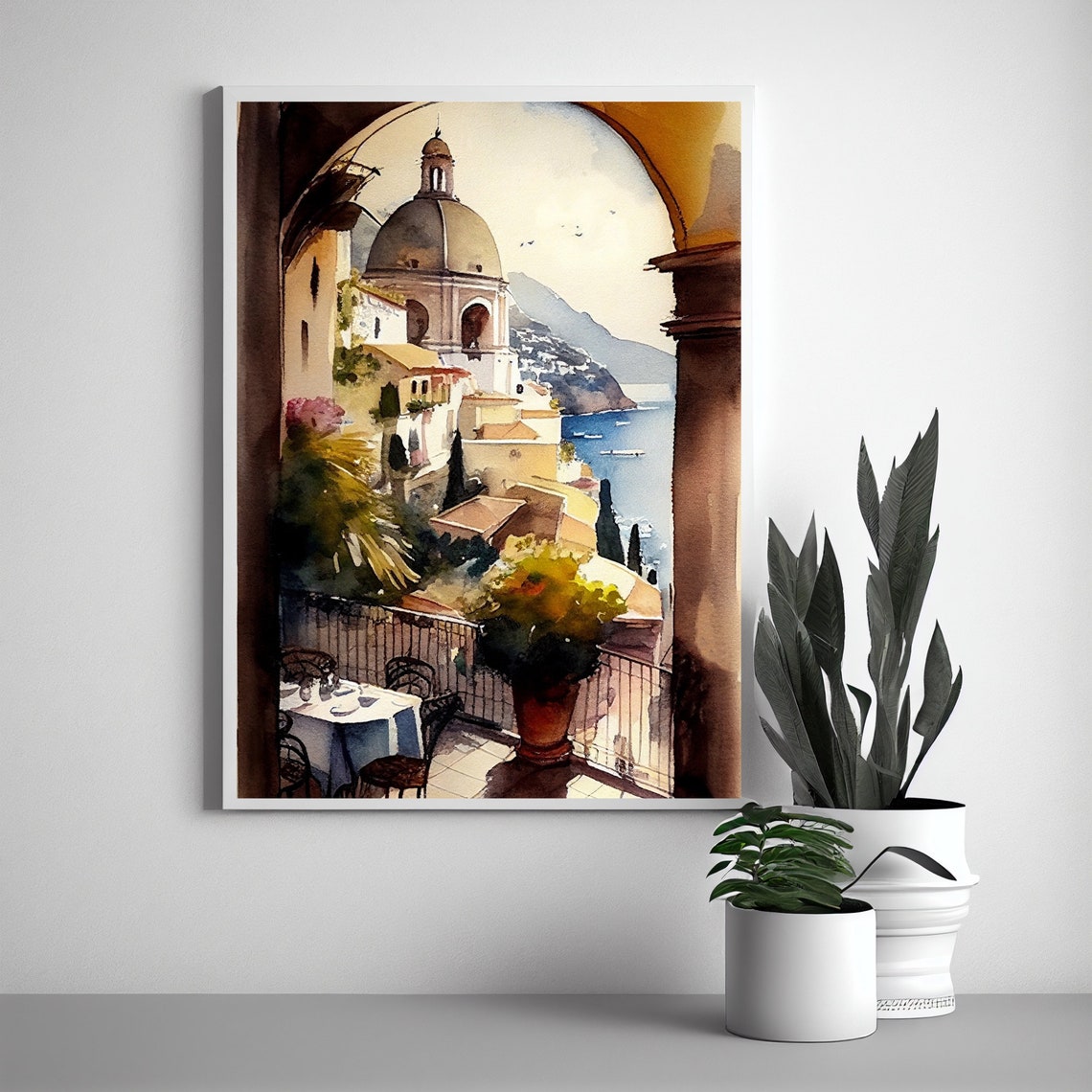 Amalfi Coast Watercolor Terrace View Overlooking Seaside Town Poster - Image 3