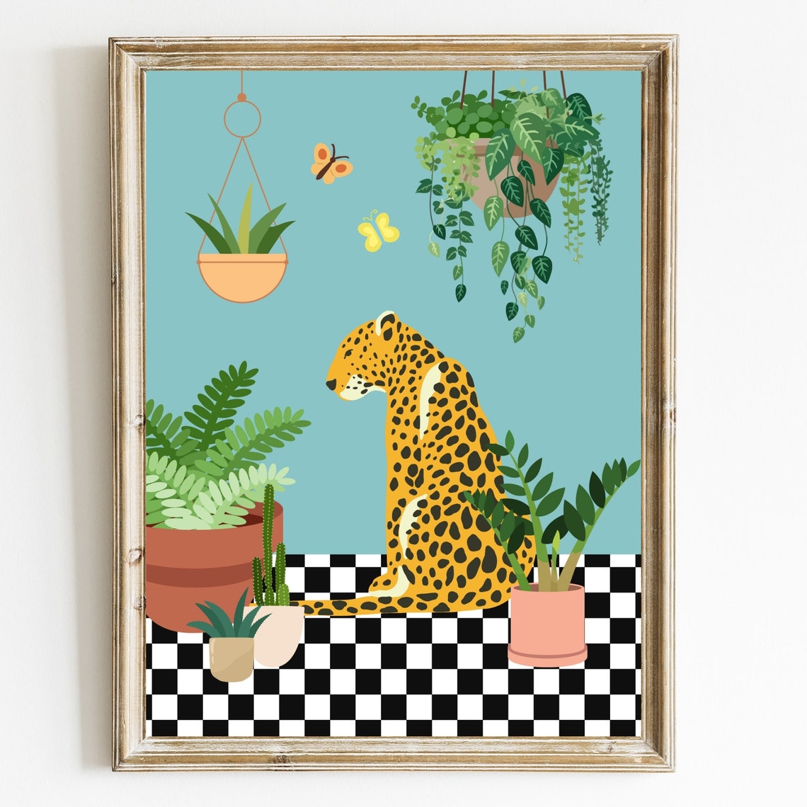 Leopard Among Houseplants on Checkered Floor Playful Art Poster