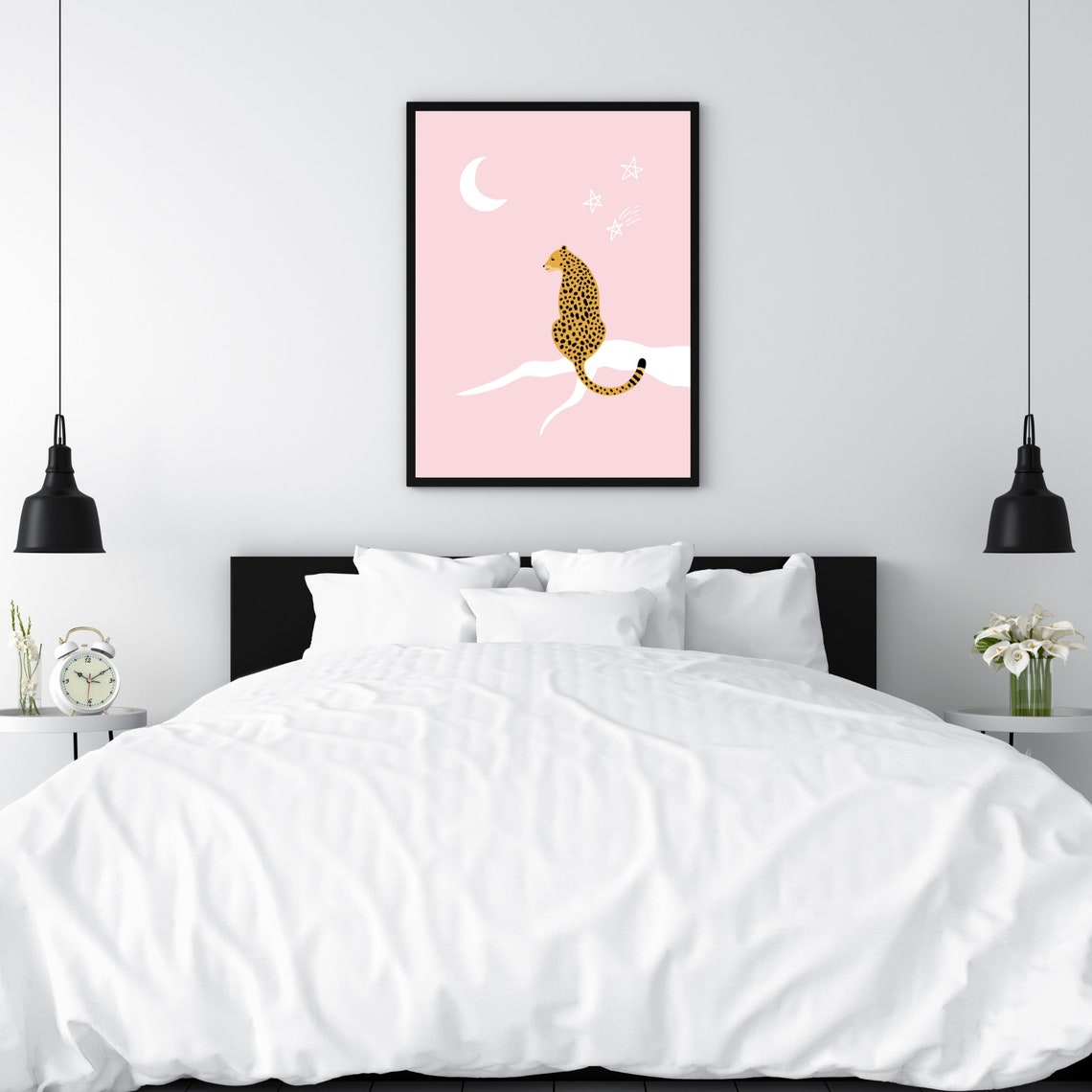 Cheetah Sitting Under Crescent Moon and Stars Pink Nursery Poster - Image 3