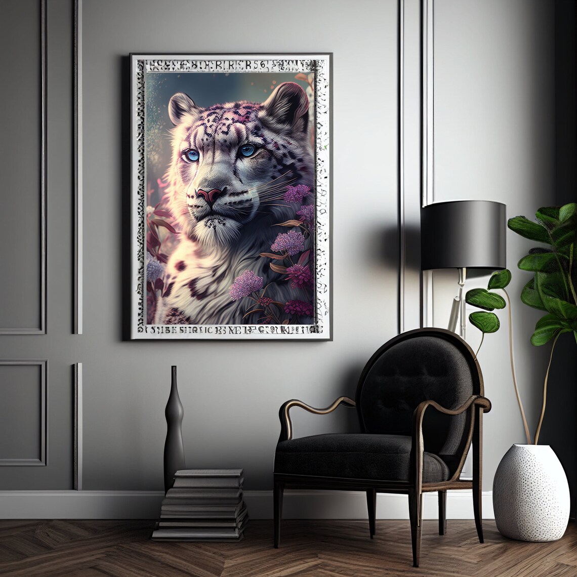 Snow Leopard Blue Eyes Floral Portrait Majestic Big Cat Poster - Image 3