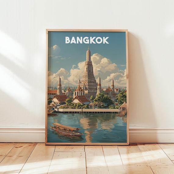 Bangkok Thailand Travel Poster Vintage Wall Art Print Buddhist Temple Artwork Asia Skyline Decor Thai Home Decoration Gift