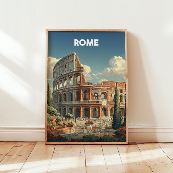 Rome Wall Art Print Colosseum Poster Travel Decor Vintage Italy Illustration Italian Cityscape Artwork Gift