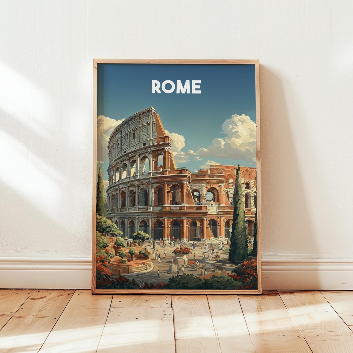 Rome Colosseum Cypress Trees Vintage Italian Plaza Travel Poster