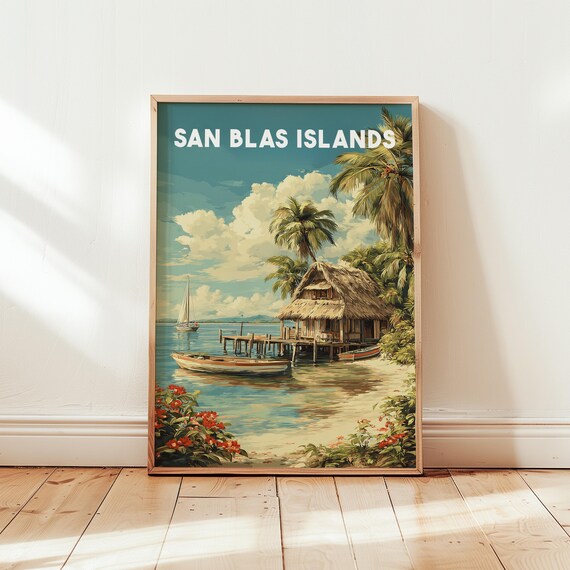 San Blas Islands Panama Tropical Beach Hut Vintage Travel Poster