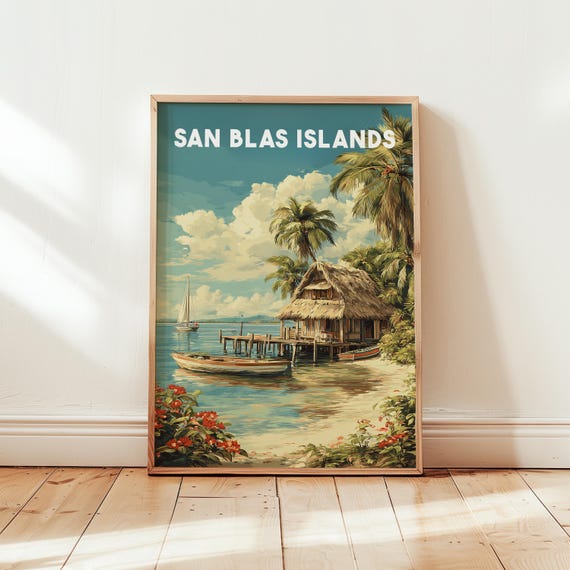 San Blas Islands Wall Art Panama Travel Poster Tropical Beach Print Coastal Decor Illustrated Caribbean Artwork